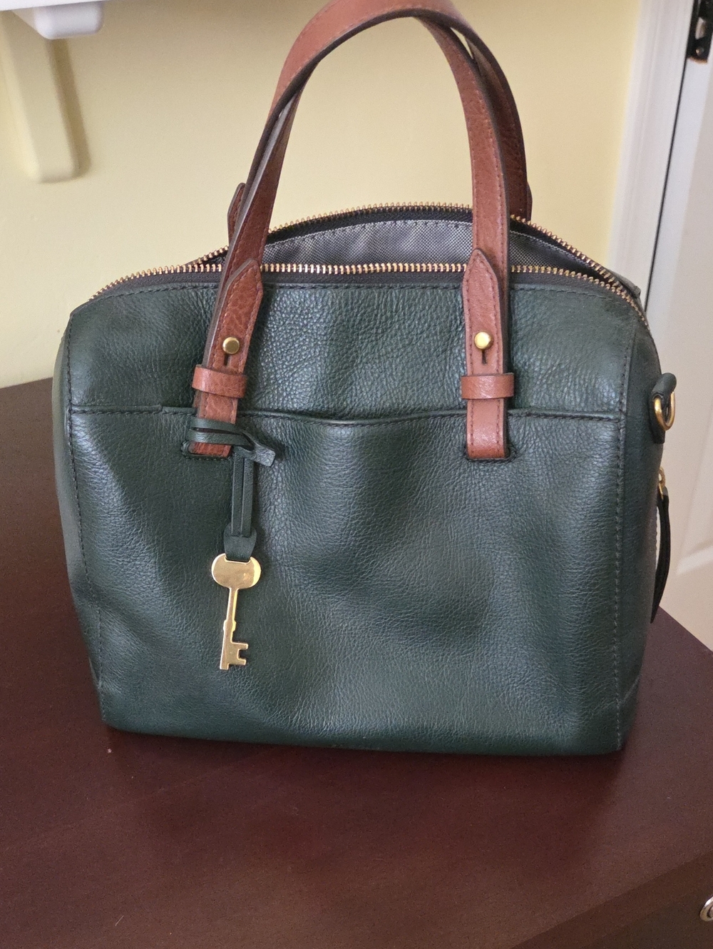 Fossil Structured Leather Satchel in Dark Green with Brown Handles
